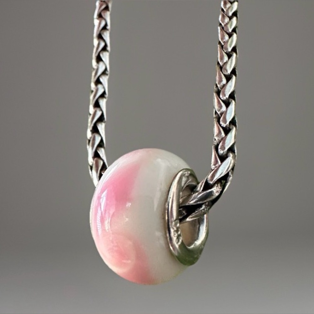 925 Silver & White Art Glass Charm Slider Bead w Pink Swirls